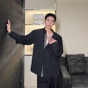 秋季潮流帅气立领长袖衬衣男复古宽松轻奢贵气上衣A452-6385--P85图片