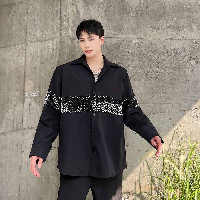 新款洋气亮片装饰长袖衬衫时尚夜店风造型师上衣A452--6289--P85,男装衬衫,电商A452