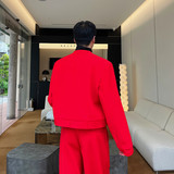 新款红色套装西服男潮流百搭红V领短款外套A452--6388--P130，男装西服，电商A452