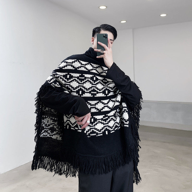 新款几何花纹高领套头斗篷流苏毛衣男个性走秀款A452--MY23--P80，男装针织衫/毛衣，电商A452