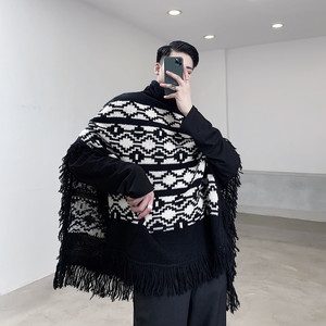 新款几何花纹高领套头斗篷流苏毛衣男个性走秀款A452--MY23--P80，男装针织衫/毛衣，电商A452