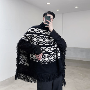 新款几何花纹高领套头斗篷流苏毛衣男个性走秀款A452--MY23--P80
