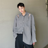 新小众设计露肩款长袖衬衫男韩版百搭千鸟格上衣A452--6238--P85，男装衬衫，电商A452