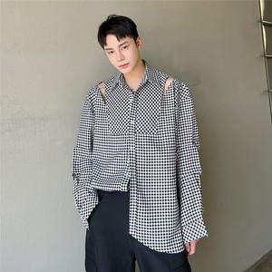 新小众设计露肩款长袖衬衫男韩版百搭千鸟格上衣A452--6238--P85