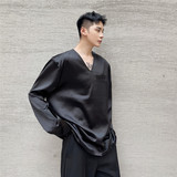 秋新款丝光缎面V领垫肩长袖男经典百搭简约上衣潮A452--6159--P70，男装卫衣，电商A452