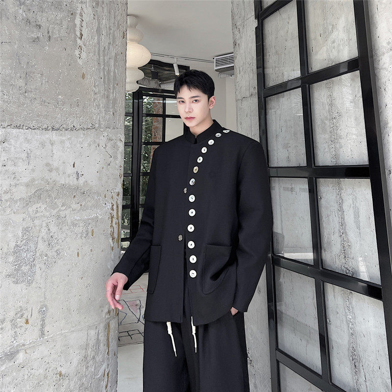 新款贝壳纽扣装饰立领小西服韩版休闲中山装外套A452--6268--P145,男装西服,电商A452