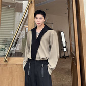 P95 翻领长袖 新款 春装 时尚 韩版 个性 6314 衬衫 拼色廓形上衣A452