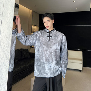 改良版新中式盘扣套头长袖潮风水墨花纹衬衫上衣A452-6350--P85图片