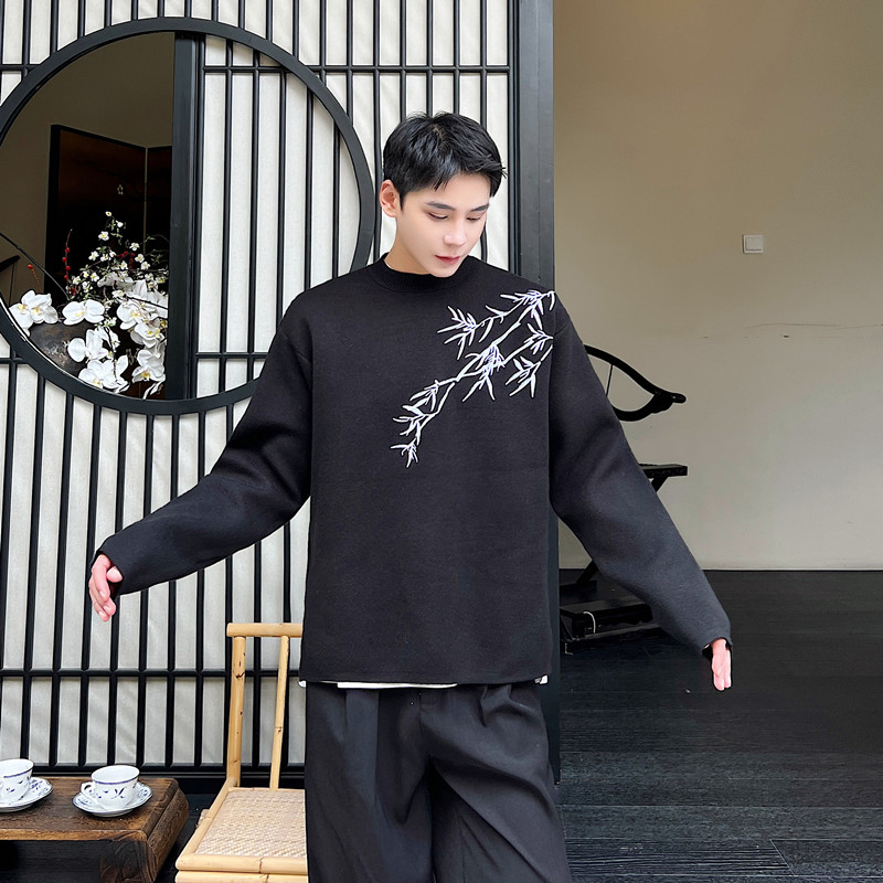 秋冬新中式刺绣竹叶套头针织衫廓形百搭毛衣外套A452--MY33--p125，男装针织衫/毛衣，电商A452