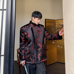 H136 外套立领一粒扣加毛外套A452 P185 缎面花卉图案西装 冬装