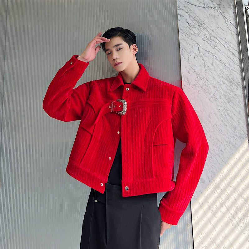 红丝绒扣带时髦夹克复古风休闲短款西服外套A452--6309--P155,男装夹克,电商A452