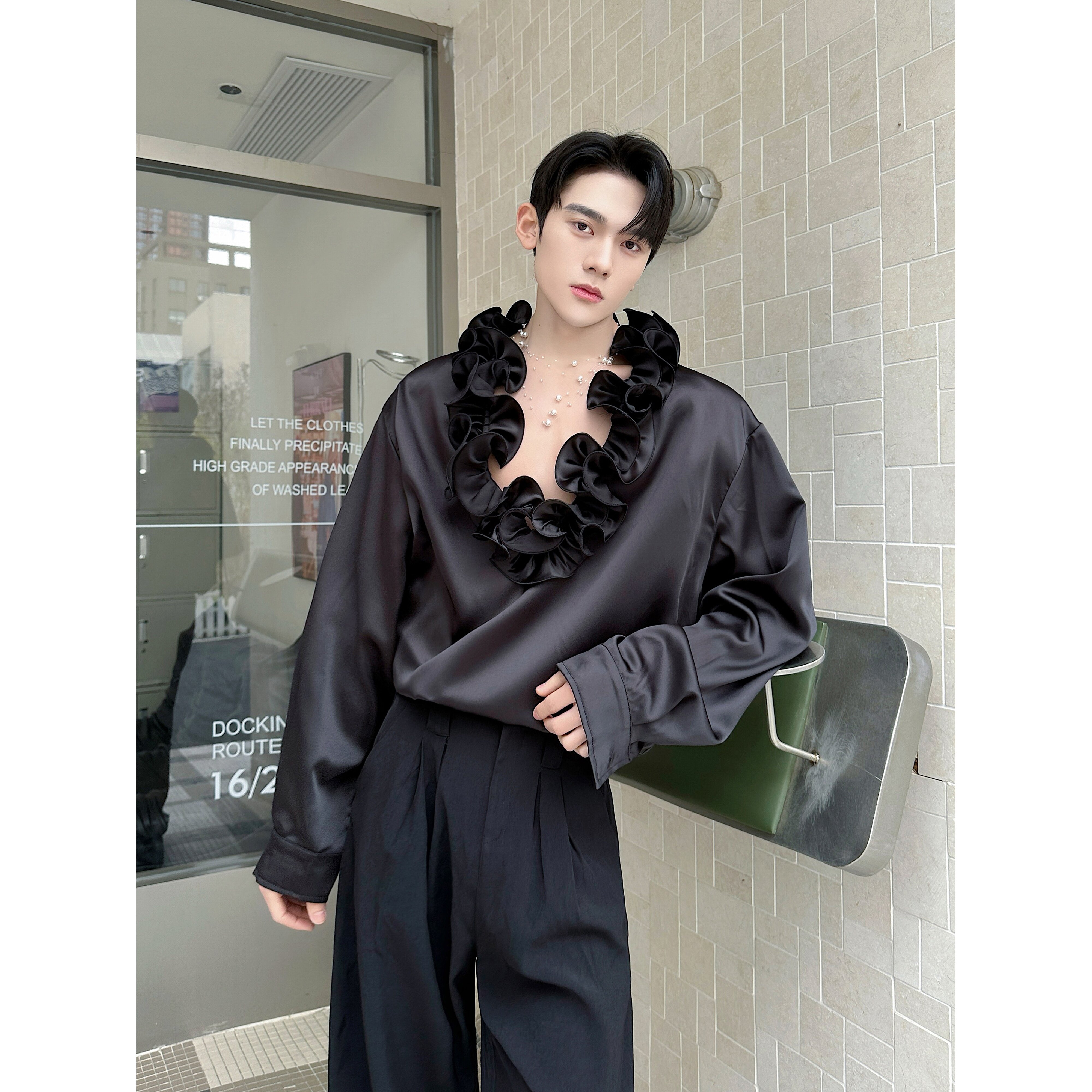 春小众设计法式复古长袖衬衫立体花边休闲上衣潮A452--6556--P125，男装衬衫，电商A452