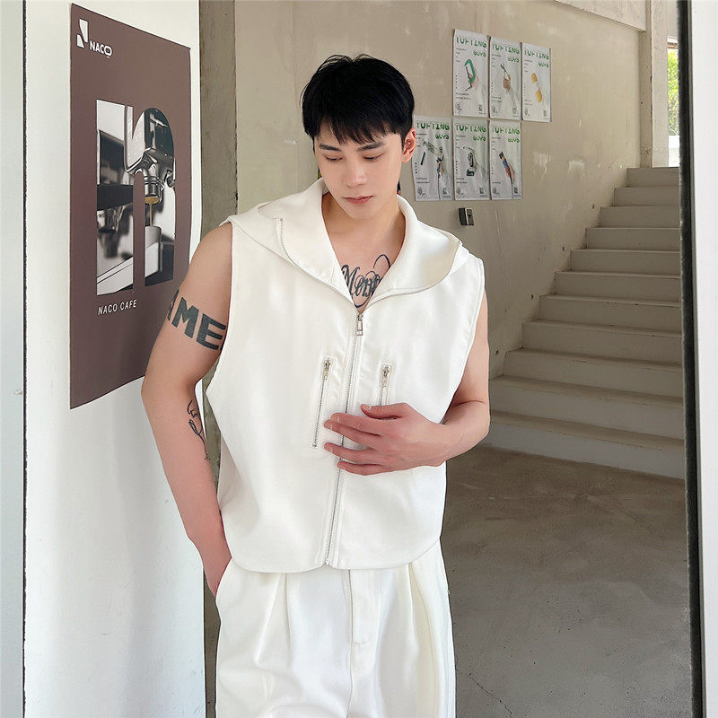 暗黑风拉链开衫马甲男潮ins连帽外套夏韩版宽松炸街超短无袖上衣,女装短外套,电商A452