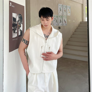 暗黑风拉链开衫马甲男潮ins连帽外套夏韩版宽松炸街超短无袖上衣图片