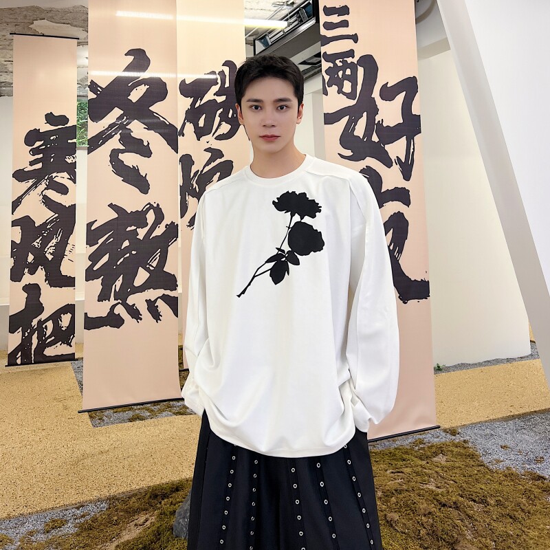 新款休闲长袖印花复古玫瑰廓形T恤上衣潮A452--6381--P75,男装T恤,电商A452