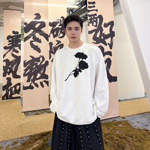 新款休闲长袖印花复古玫瑰廓形T恤上衣潮A452--6381--P75图片