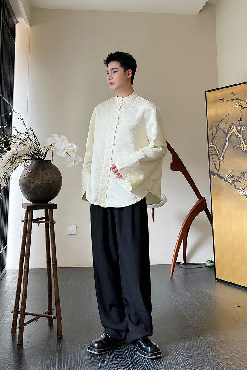 秋季新款中式立领盘扣长袖衬衫风复古喇叭袖上衣A452-6390--P85,男装衬衫,电商A452