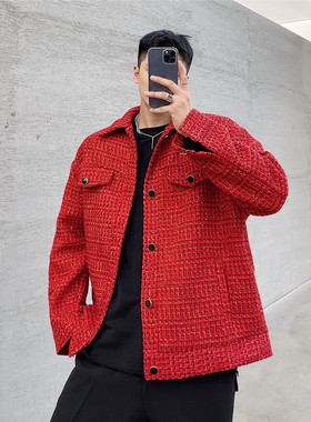 秋冬新款红色小香风亮丝夹克男宽松翻领休闲外套A452--6185--P145