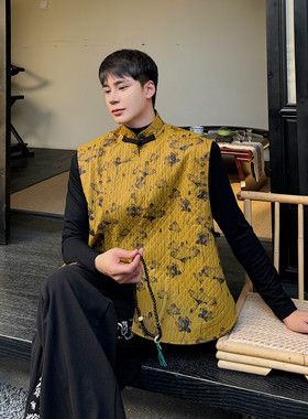 冬新中式夹棉马甲男女款复古国潮印花立领盘扣马甲A452-6431-P115