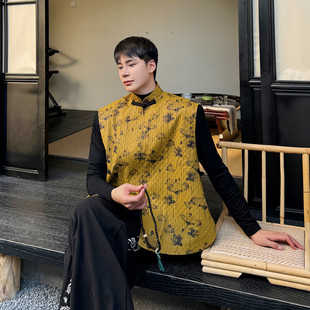 6431 复古国潮印花立领盘扣马甲A452 P115 夹棉马甲男女款 冬新中式