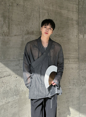 中式斜襟绑带禅意上衣新中式透视晕染花灰色上衣A452--H143--P95