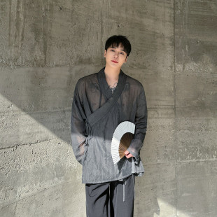 中式斜襟绑带禅意上衣新中式透视晕染花灰色上衣A452--H143--P95