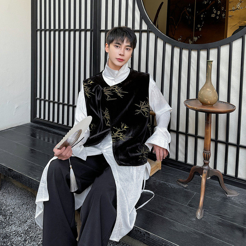 新中式丝绒刺绣竹叶圆领系带马甲复古风休闲坎肩A452-6472-P105图片