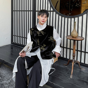 新中式丝绒刺绣竹叶圆领系带马甲复古风休闲坎肩A452-6472-P105图片