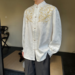 新中式立领改良版汉服上衣重工刺绣复古长袖衬衫A452--6476--P115