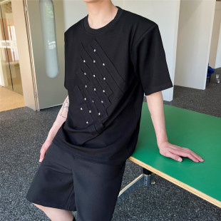 6362 夏季 饰上衣A452 t恤男时髦垫肩宽松铆钉装 P75 潮流廓形半袖