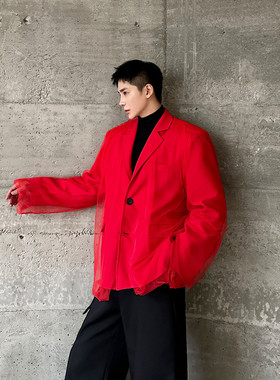 新款潮流网纱红色西服外套复古气质舞台装西装A452--6518--P155