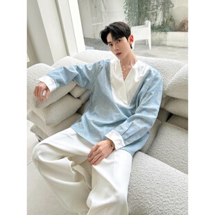 V领蓝色立体织花长袖 H218 衬衫 拼接廓形上衣A452 P125 时尚 新款