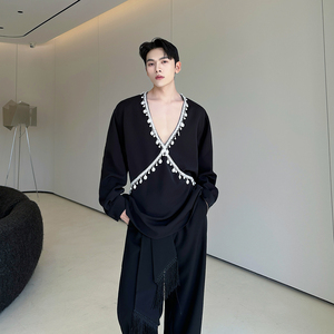 新款大V领设计长袖衬衫串珠装饰廓形上衣潮A452--H206--P155