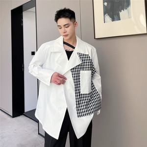 潮流格子拼接款长袖衬衫休闲百搭翻领上衣A452--6215--P75图片