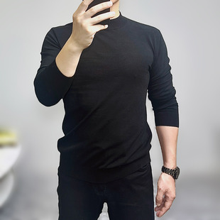 2025秋季男装上衣薄款高弹力羊毛针织衫立领纯色百搭长袖毛衣