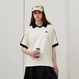 714street复古运动织带插肩翻领短袖 肌理感情侣V领上衣 T恤男夏季