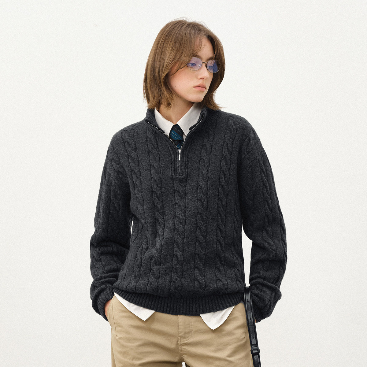 714street秋冬季羊毛羊绒混纺绞花纹半拉链毛衣男2025情侣针织衫