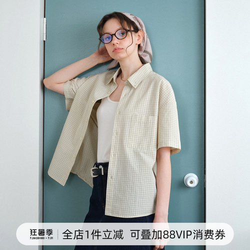 714street高密砂洗格纹短袖衬衫