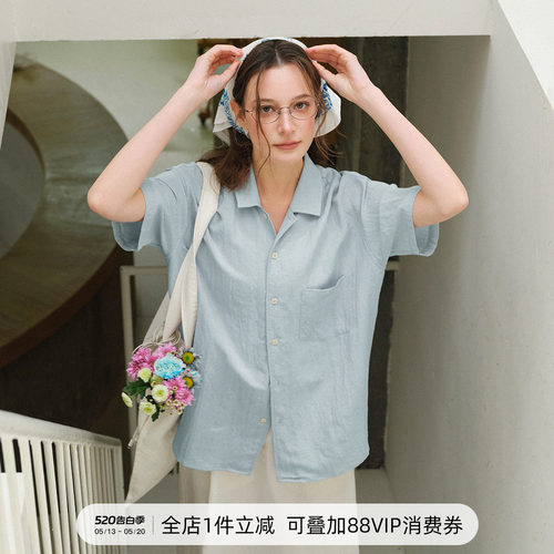 714street海鸥领亚麻短袖衬衫