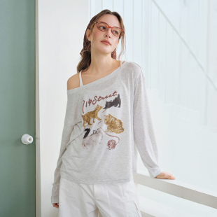 714street手绘一字肩竹节纱感长袖 T恤女2026春夏宽松雪花肌理罩衫