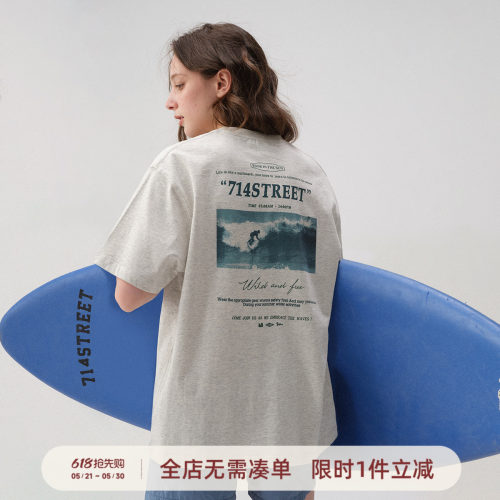 714street冲浪招贴印花短袖T恤