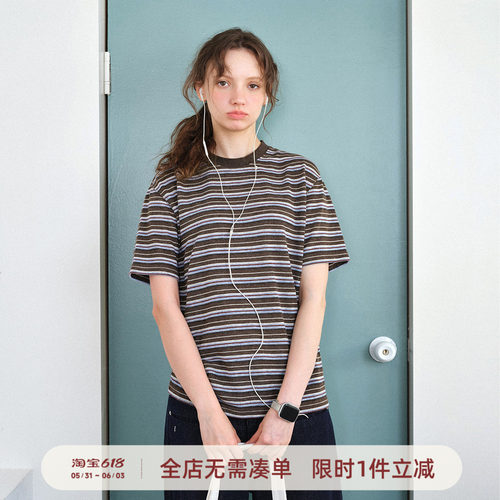 714street复古花纱条纹短袖T恤