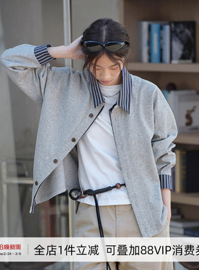 714street学院风假两件条纹长袖衬衫男秋季情侣卫衣开衫极简穿搭