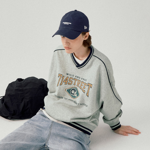 714street潮牌学院风撞色抓绒V领卫衣男2025春季 宽松落肩套头上衣