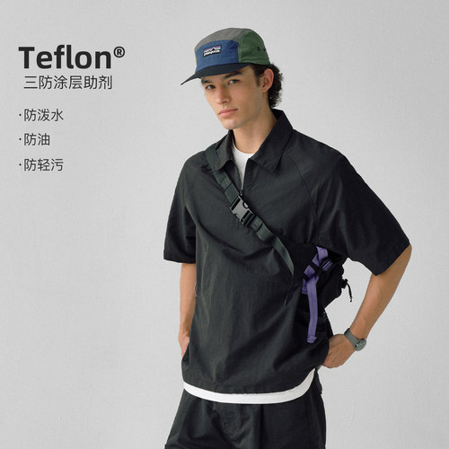 714street尼龙格半开领短袖衬衫