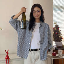 714street微宽松落肩纯棉小格纹长袖衬衫男女25秋季中性简约衬衣