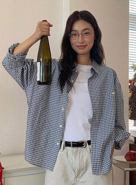 714street微宽松落肩纯棉小格纹长袖衬衫男女25秋季中性简约衬衣