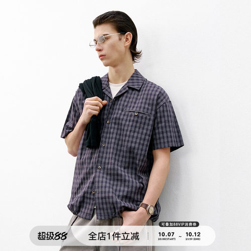 714street复古棉麻格纹短袖衬衫