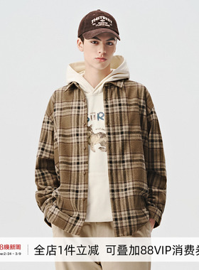 714street重磅美式复古格子长袖衬衫男2024秋季新款宽松情侣外套
