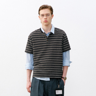 潮牌半开领条纹休闲针织衫 714street复古亨利领短袖 T恤男2026春季